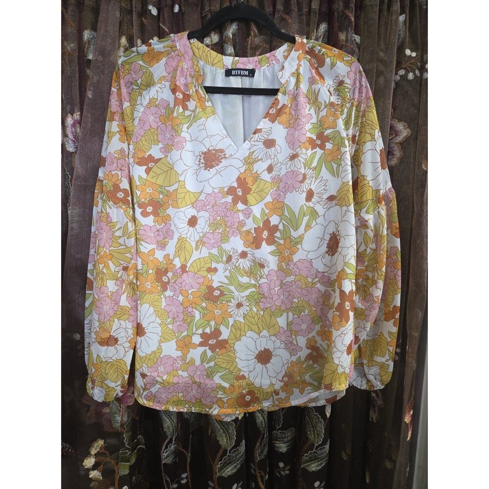 BTFBM Floral Pastel Blouse Long Sleeve Muted Tones Chiffon Puffy Sleeve Sz Small